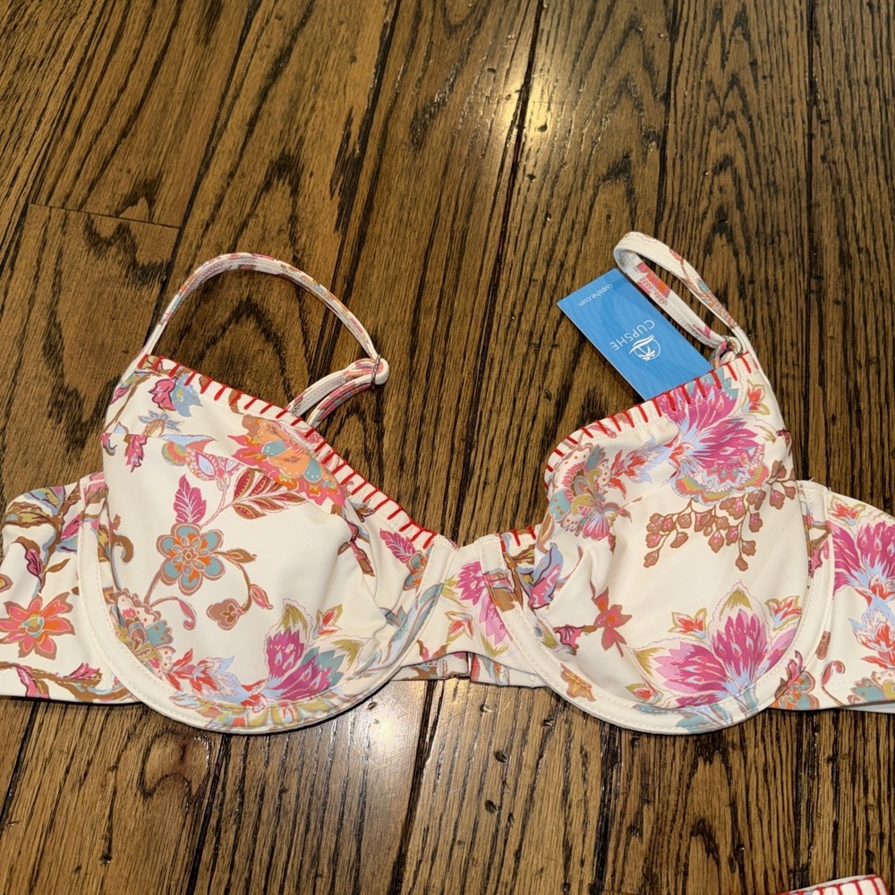 Cupshe Bikini Large Top Small High Waist Bottom NWT White Pink Red Floral - Picture 3 of 9